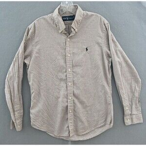 Polo Ralph Lauren Plaid Button Up Shirt Men Adult Medium Beige Pony Long Sleeve